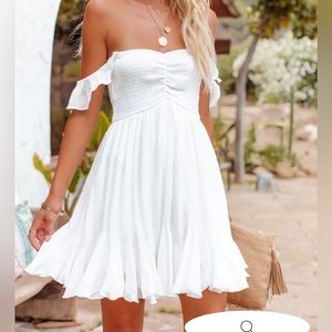 VICI SMOCKED RUFFLE MINI DRESS - OFF WHITE